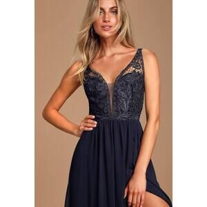 Lulus Melvina Navy Blue Lace Chiffon Maxi Dress - Size L